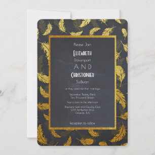 Invitation Élégant Et Chic Mariage Plume Noire Et Dorée