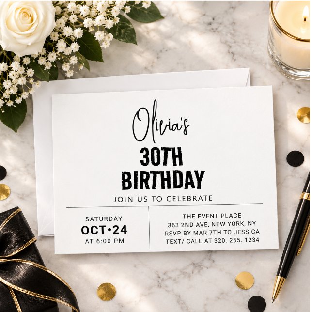 Invitation Élégant et Moderne Chic Script pour les 30 ans (Chic Black Script 30th Birthday Elegant & Modern Invitation)
