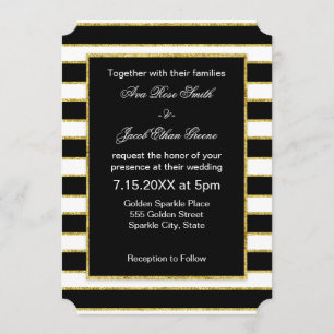 Invitation Elégant et moderne noir, blanc, Faux Gold Stripes