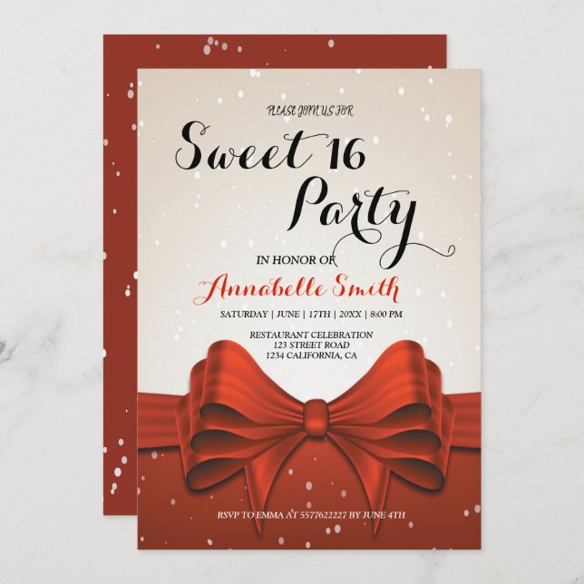 Invitation Élégant et moderne ruban rouge doux 16 (Devant / Derrière)