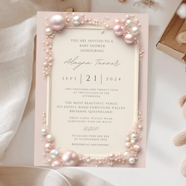 Invitation Élégant et modifiable bébé perles roses et blanche (Créateur téléchargé)