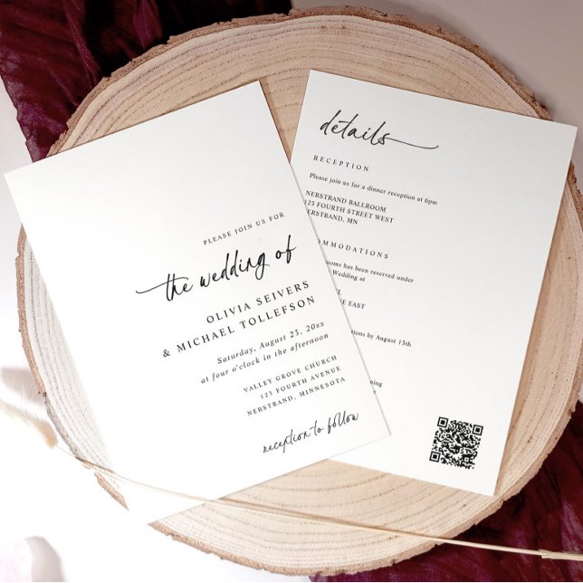 Invitation Élégant et Simple Écriture Manuscrite Tout-en-un M (Minimalist all-in-one wedding invitation with modern handwriting script and QR code on back)