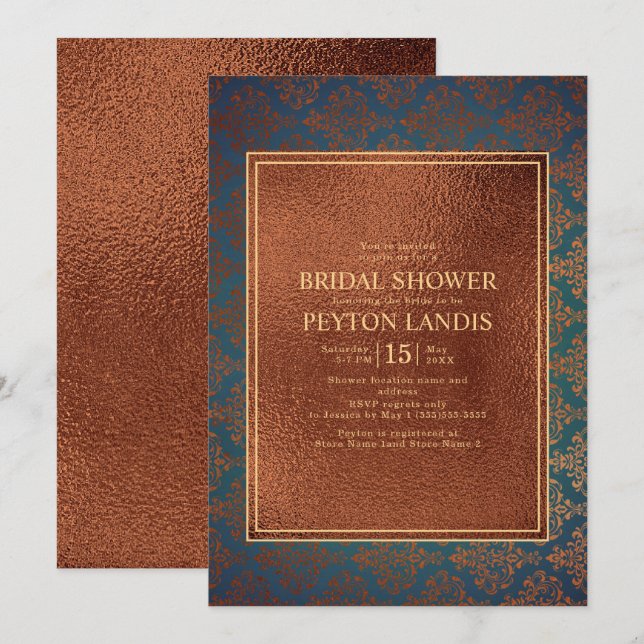Invitation Élégant et Stylé Cuivre Sarcelle Damas Mariage (Devant / Derrière)