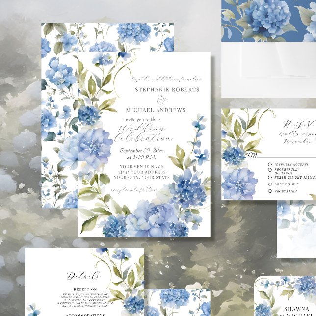 Invitation Élégant été Floral bleu et blanc Mariage (Créateur téléchargé)