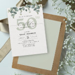 Invitation Elégant Eucalyptus 50e anniversaire Surprise Party<br><div class="desc">Célébrez un 50ème anniversaire cher et fabuleux dans le style, design élégant pour une personne élégante. L'aménagement comporte un dessus d'eucalyptus aquarelle avec quelques fleurs. Tout le texte est personnalisable pour n'importe quel âge d'anniversaire. Le design est complet à l'arrière avec un arrière - plan vert assorti et un espace...</div>