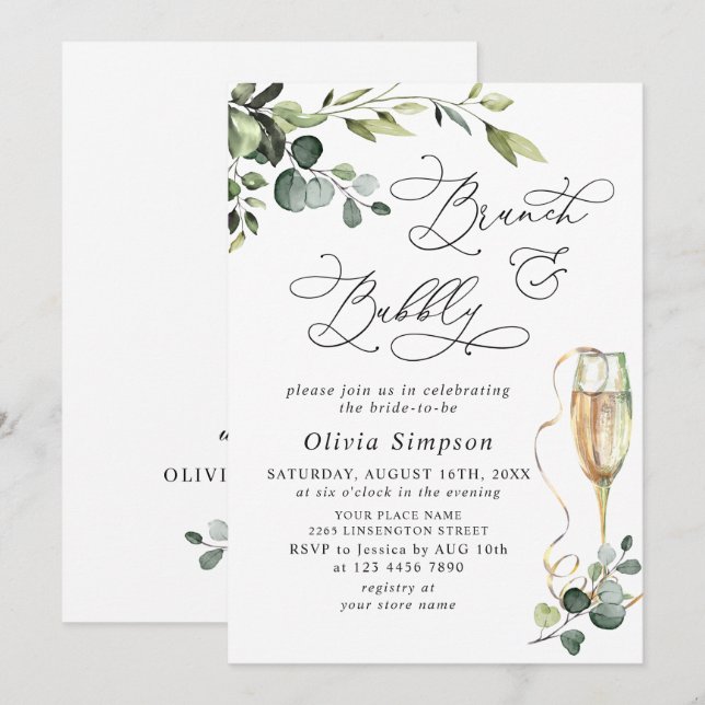 Invitation Élégant Eucalyptus Aquarelle Brunch & Bubbly (Devant / Derrière)