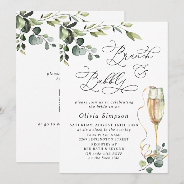 Invitation Élégant Eucalyptus Aquarelle Brunch & Bubbly (Devant / Derrière)