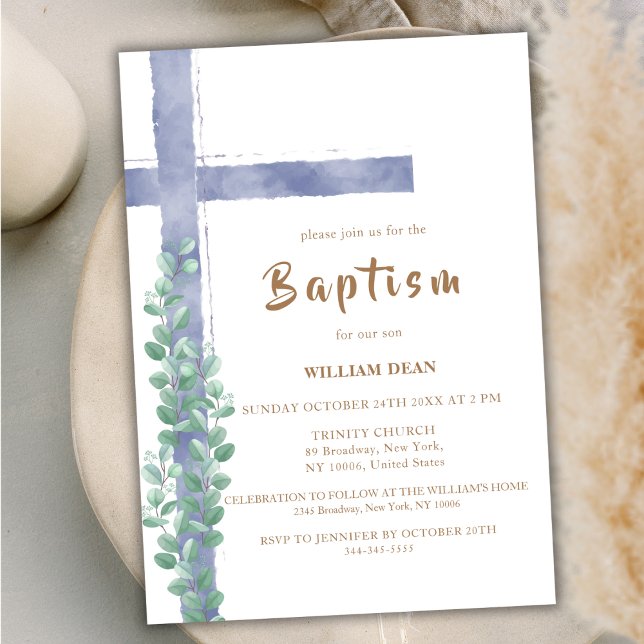 Invitation Elégant Eucalyptus Aquarelle Croix Baptême garçon (Elegant Eucalyptus Watercolor Cross Boy Baptism Invitation)