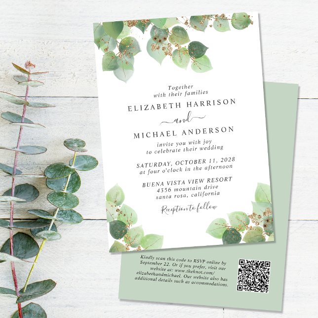 Invitation Elégant Eucalyptus Aquarelle QR Code Mariage (Créateur téléchargé)