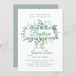 Invitation Elégant Eucalyptus Baptême Baptême Vert Christenin