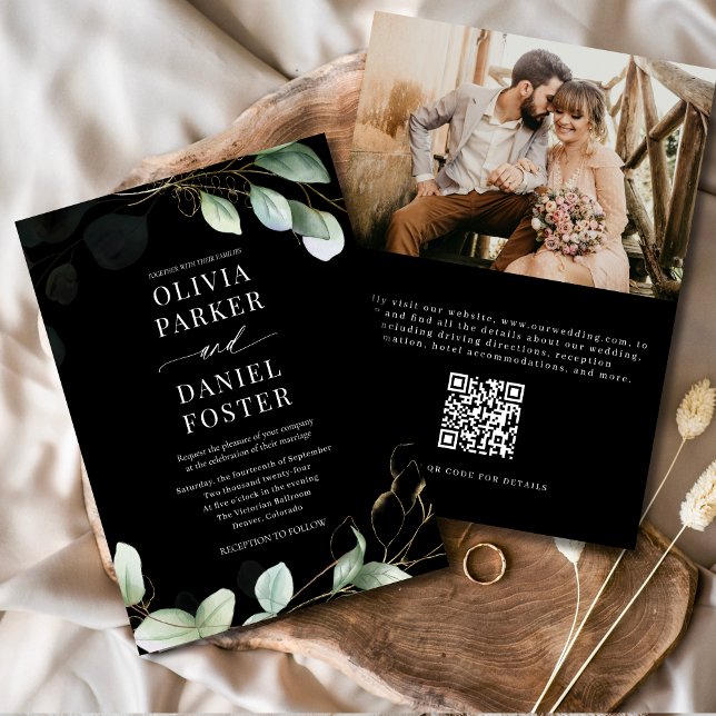 Invitation Elégant Eucalyptus Black QR Code Mariage photo (Créateur téléchargé)