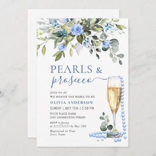 Invitation Elégant Eucalyptus Blue Flowers PEARLS & Prosecco