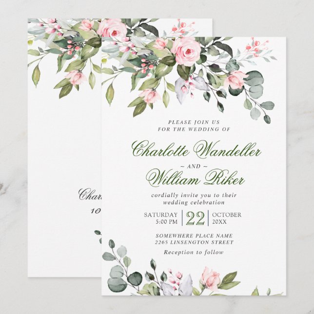 Invitation Elégant Eucalyptus Blush Rose Mariage de verdure (Devant / Derrière)