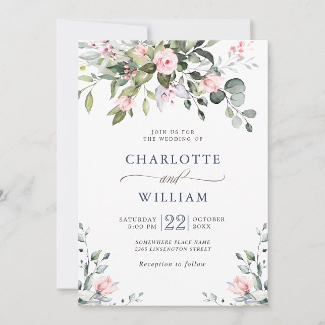 Invitation Elégant Eucalyptus Blush Rose Mariage de verdure (Devant)
