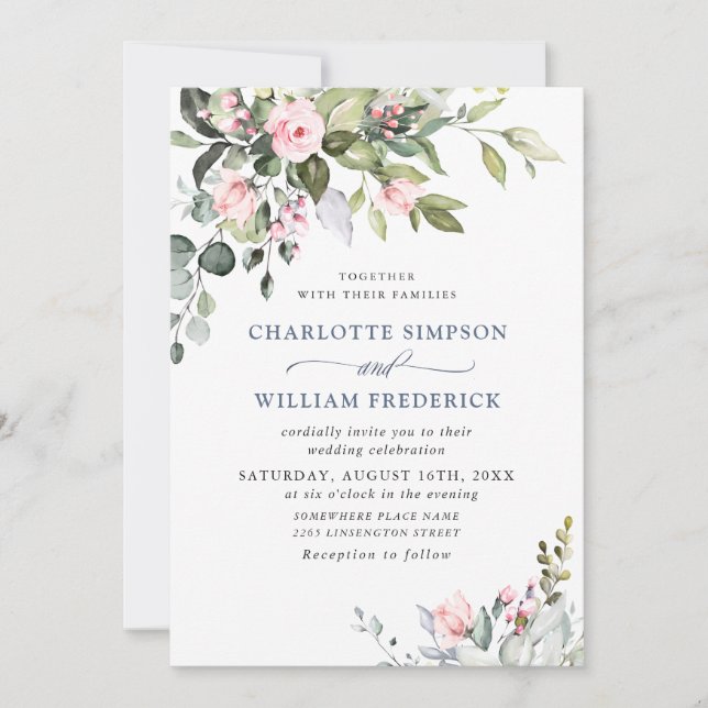 Invitation Elégant Eucalyptus Blush Rose Mariage de verdure (Devant)