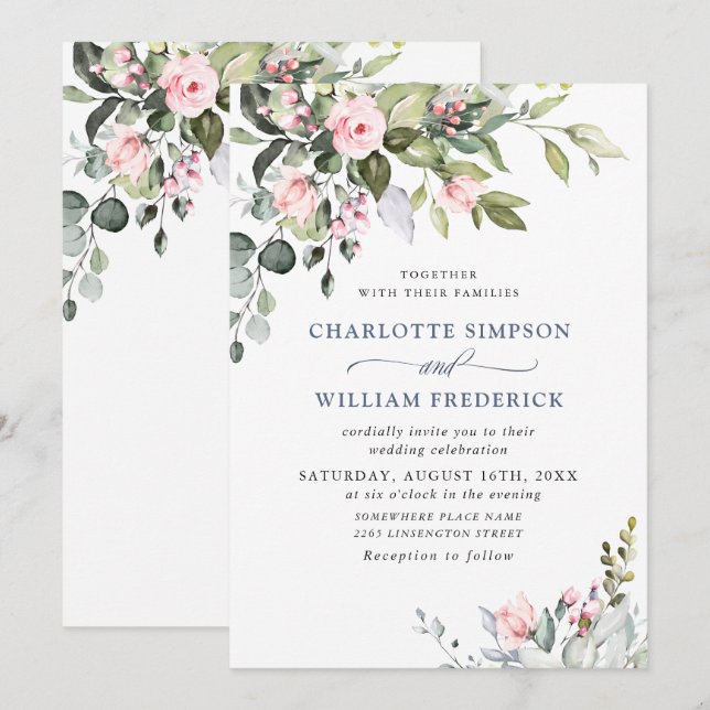 Invitation Elégant Eucalyptus Blush Rose Mariage de verdure (Devant / Derrière)