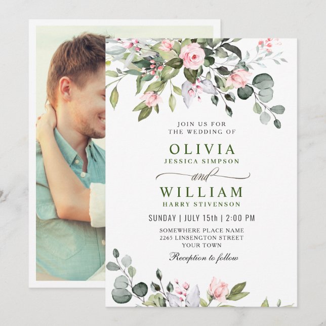 Invitation Elégant Eucalyptus Blush Rose Mariage de verdure (Devant / Derrière)