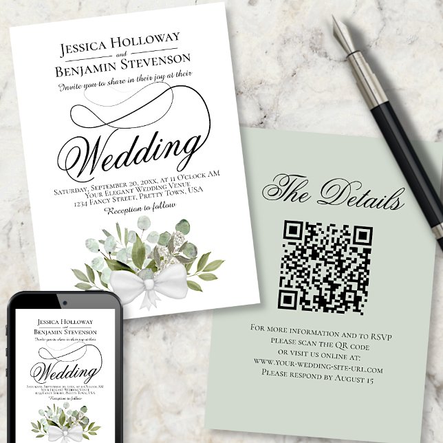 Invitation Elégant Eucalyptus Bouquet QR Code Mariage (Front, Back & Digital Download)