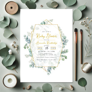 Invitation Elégant Eucalyptus et Baby shower géométrique Or