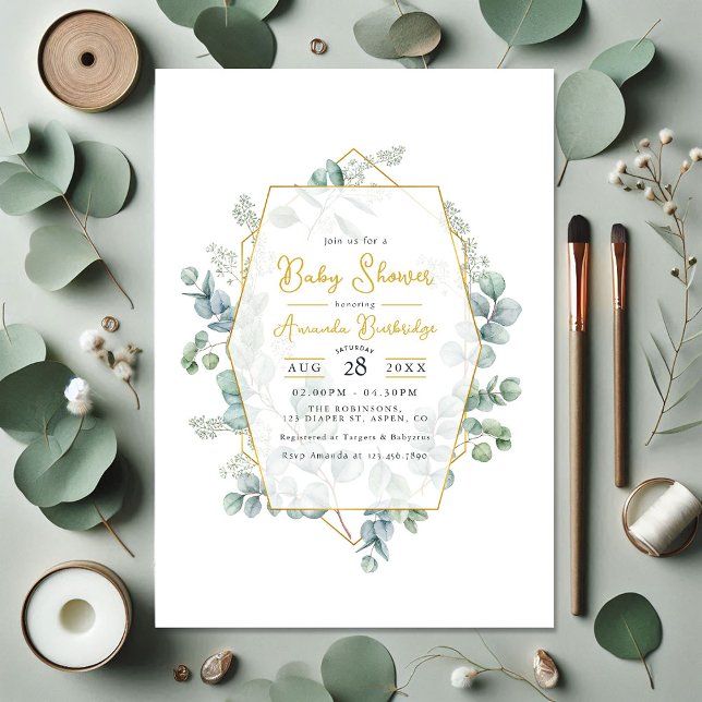 Invitation Elégant Eucalyptus et Baby shower géométrique Or (Elegant Eucalyptus and Gold Geometric Baby Shower Invitation)