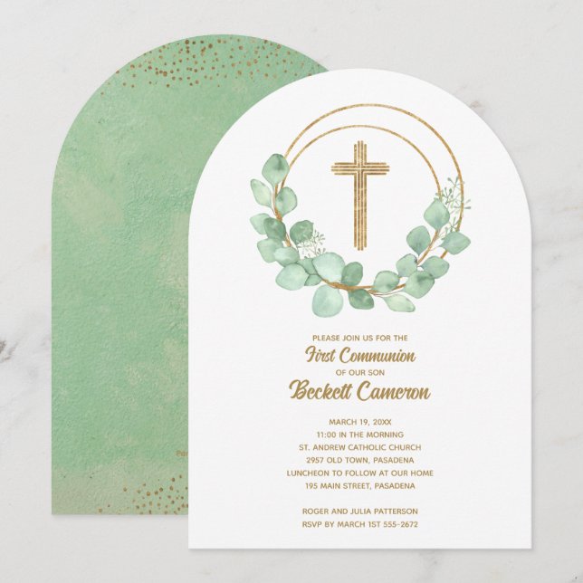 Invitation Elegant Eucalyptus First Communion (Devant / Derrière)