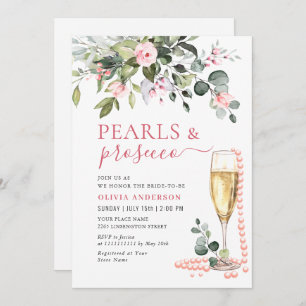 Invitation Elégant Eucalyptus Fleurs roses PEARLS & Prosecco