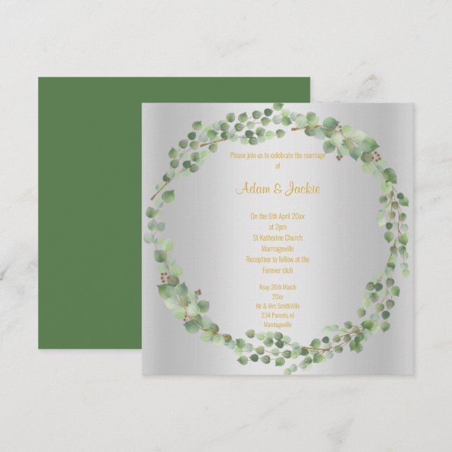 Invitation Elégant Eucalyptus Full Wreath Mariage Argent (Devant / Derrière)