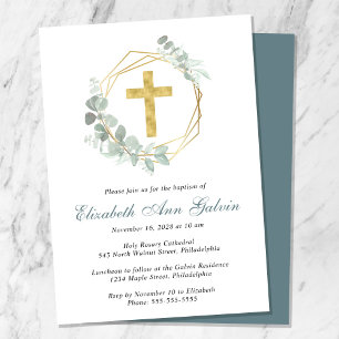 Invitation Élégant Eucalyptus Gold Cross Script Baptême