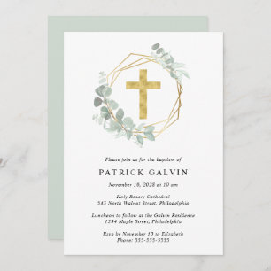 Invitation Elégant Eucalyptus Gold Cross Watercolor Baptism