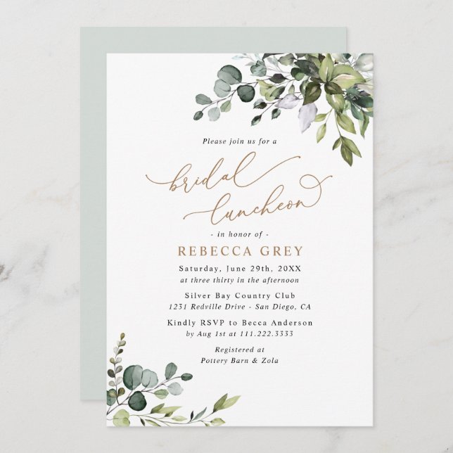 Invitation Élégant Eucalyptus Gold Green Bridal Luncheon (Devant / Derrière)