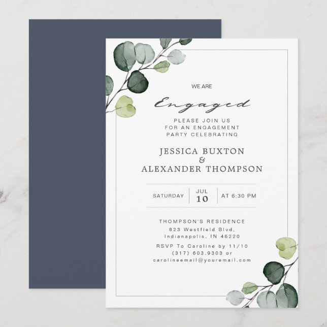 Invitation Elégant Eucalyptus Green Engagement Party (Devant / Derrière)