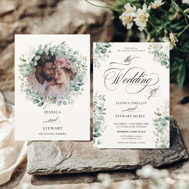 Invitation Elégant Eucalyptus Green Script photo Mariage (Elegant Eucalyptus Greenery Script photo Wedding Invitation)