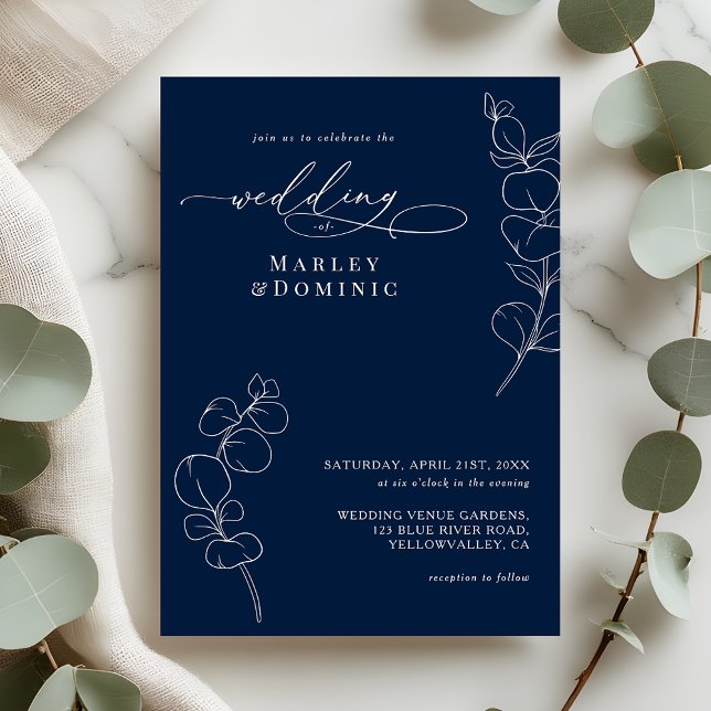 Invitation Elegant Eucalyptus Greenery Navy Blue Wedding (Créateur téléchargé)