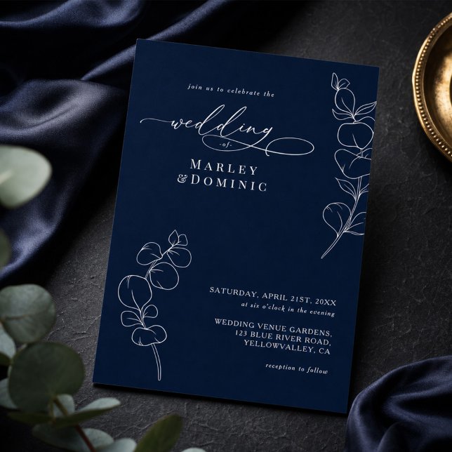 Invitation Elegant Eucalyptus Greenery Navy Blue Wedding (Créateur téléchargé)