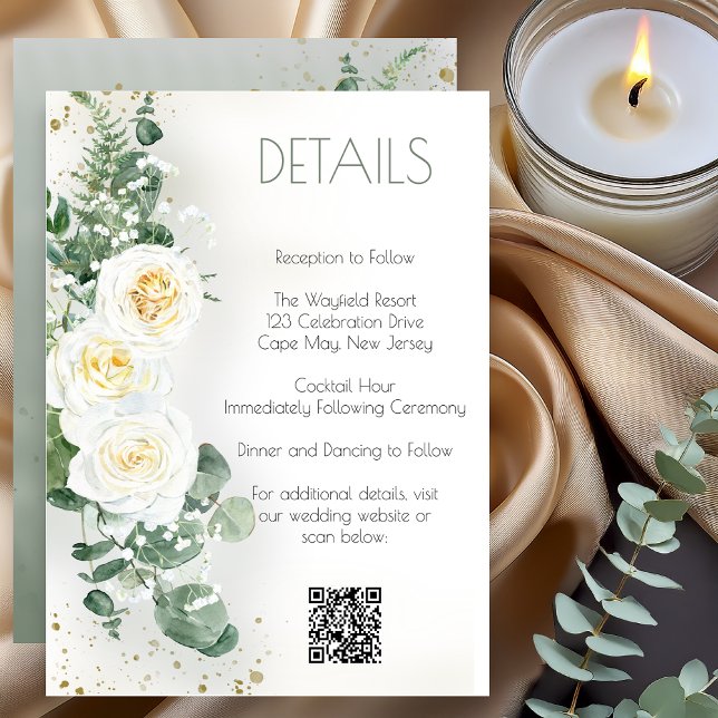 Invitation Elegant Eucalyptus Greenery Wedding Details Card (Elegant eucalyptus greenery wedding details card with white roses and botanical design)