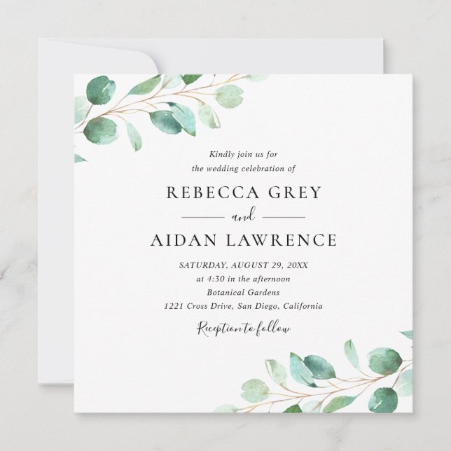 Invitation Elégant Eucalyptus Mariage Carré (Devant)