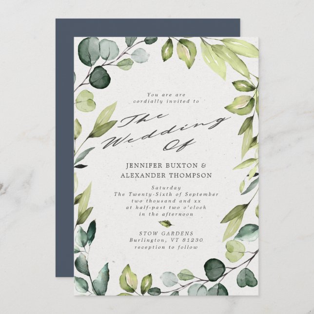 Invitation Élégant Eucalyptus Mariage de calligraphie verte (Devant / Derrière)