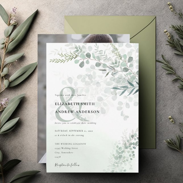 Invitation Élégant Eucalyptus Mariage photo de la zone botani (Créateur téléchargé)