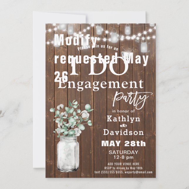 Invitation Elégant Eucalyptus Mason Jar I DO Engagement Party (Devant)