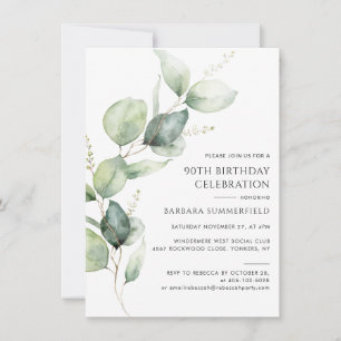 Invitation Élégant Eucalyptus Moderne pour 90e Anniversaire