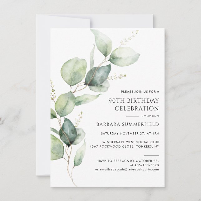 Invitation Élégant Eucalyptus Moderne pour 90e Anniversaire (Devant)