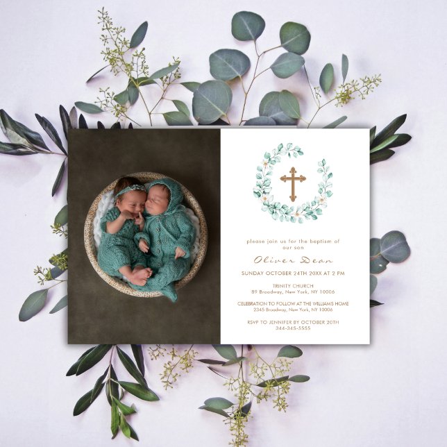 Invitation Elégant Eucalyptus Photo Gold Cross Baptême (Elegant Eucalyptus Photo Gold Cross Baptism Invitation)
