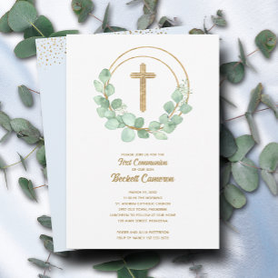 Invitation Elégant Eucalyptus Premier Communion Bleu