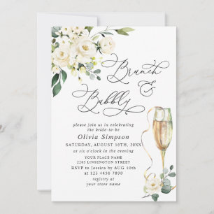 Invitation Elégant Eucalyptus Roses Blanches Brunch & Bubbly