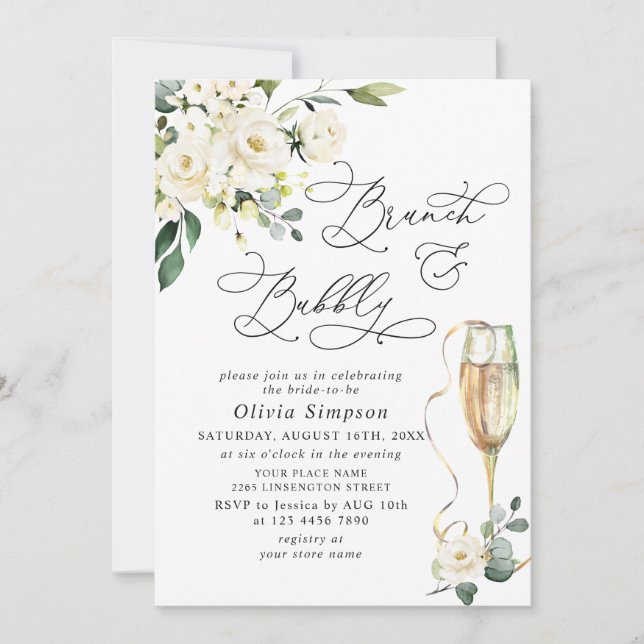Invitation Elégant Eucalyptus Roses Blanches Brunch & Bubbly (Devant)