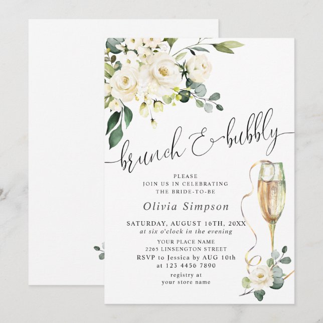 Invitation Élégant Eucalyptus Roses Blanches Brunch & Bulles (Devant / Derrière)