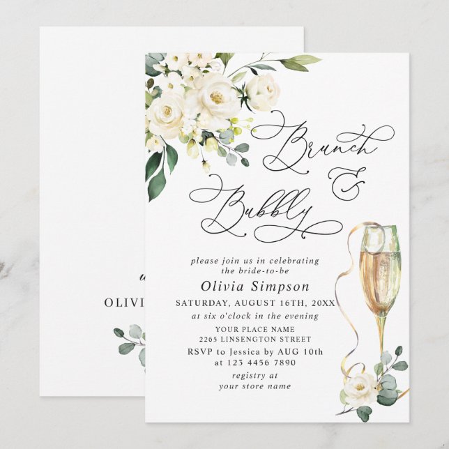 Invitation Élégant Eucalyptus Roses Blanches Brunch & Bulles (Devant / Derrière)
