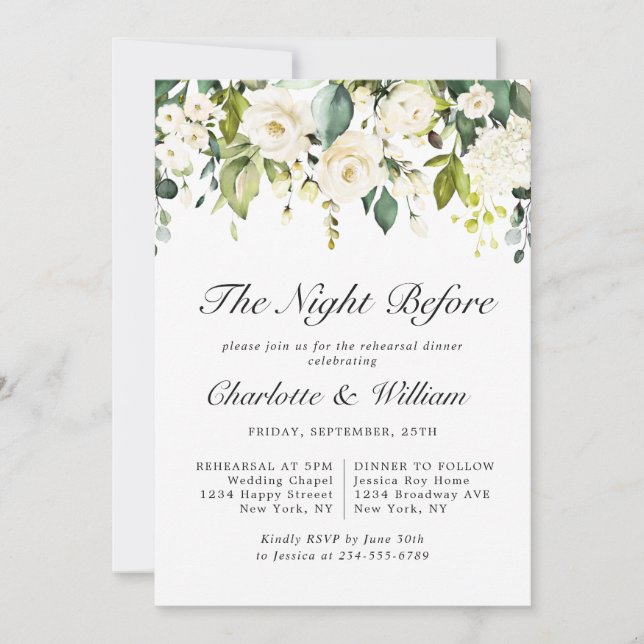 Invitation Elégant Eucalyptus Roses Blanches RÉPÉTITION DÎNER (Devant)