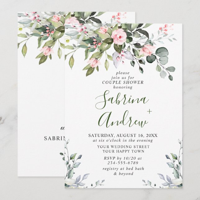 Invitation Élégant Eucalyptus Roses Blush BAPTÊME COUPLE (Devant / Derrière)