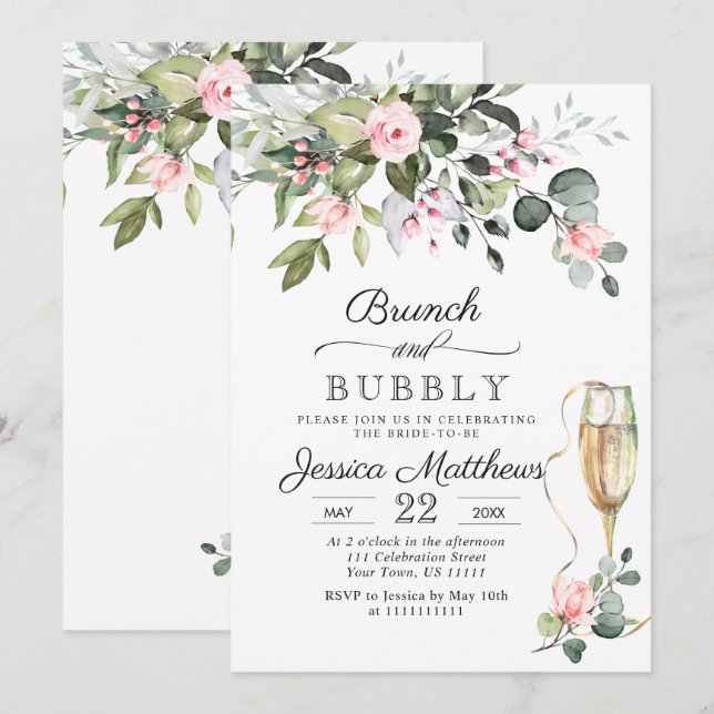 Invitation Élégant Eucalyptus Roses Blush Brunch & Bubbly (Devant / Derrière)